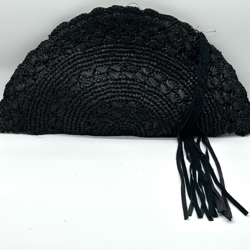 Flora Bella Rafia Sequin Black Fan Clutch Leather Tassel - Picture 7 of 7